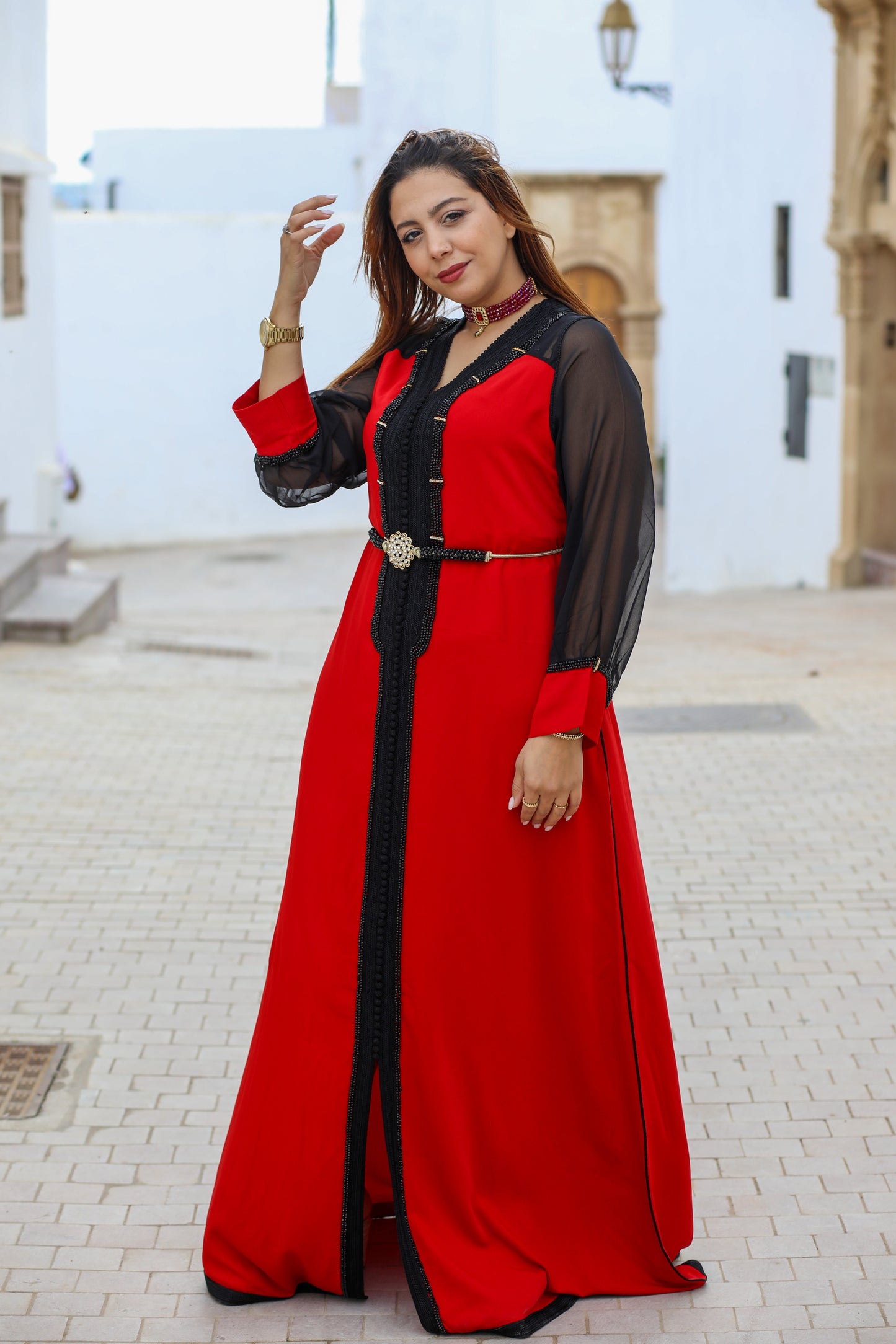 Caftan rouge manches mousseline