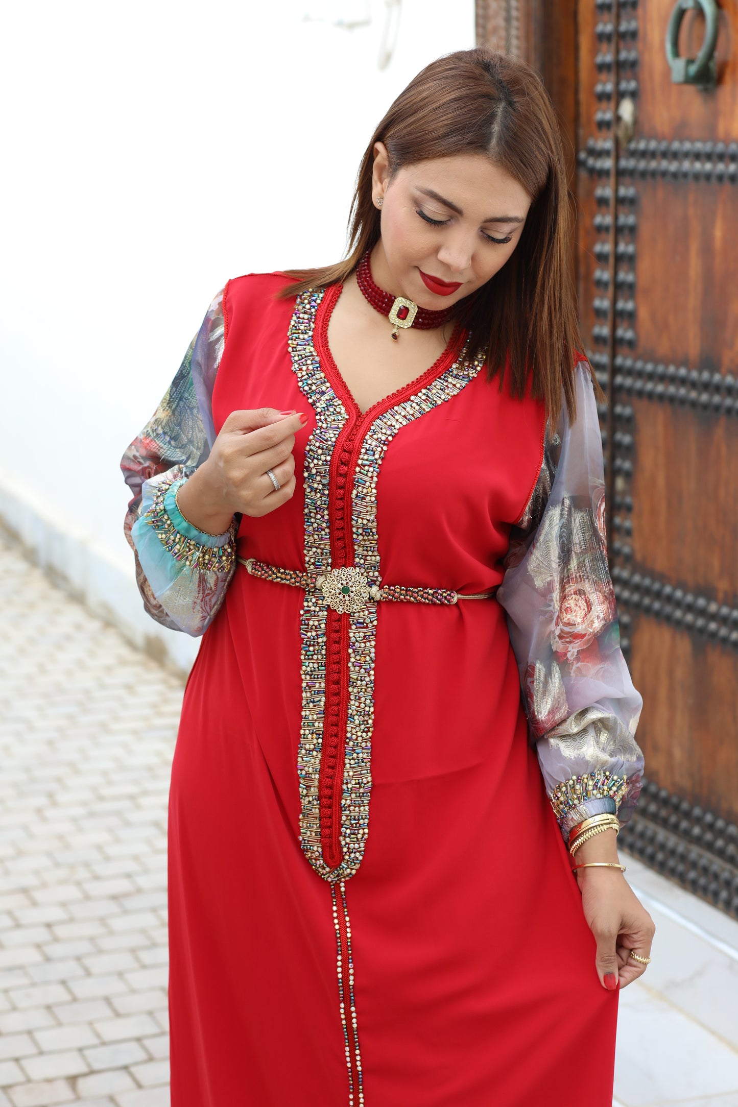Caftan rouge manches tlija