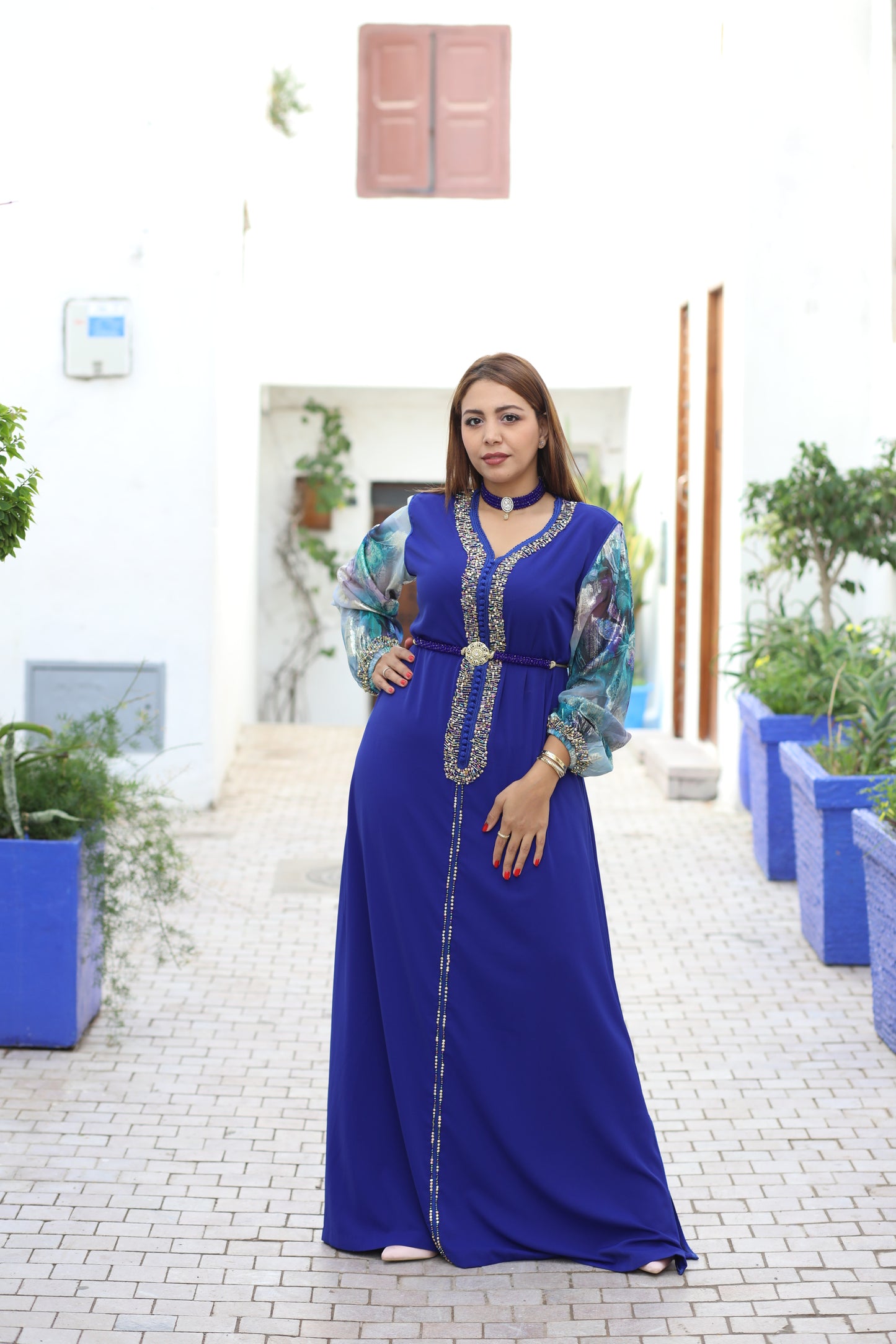 Caftan bleu foncé manches tlija