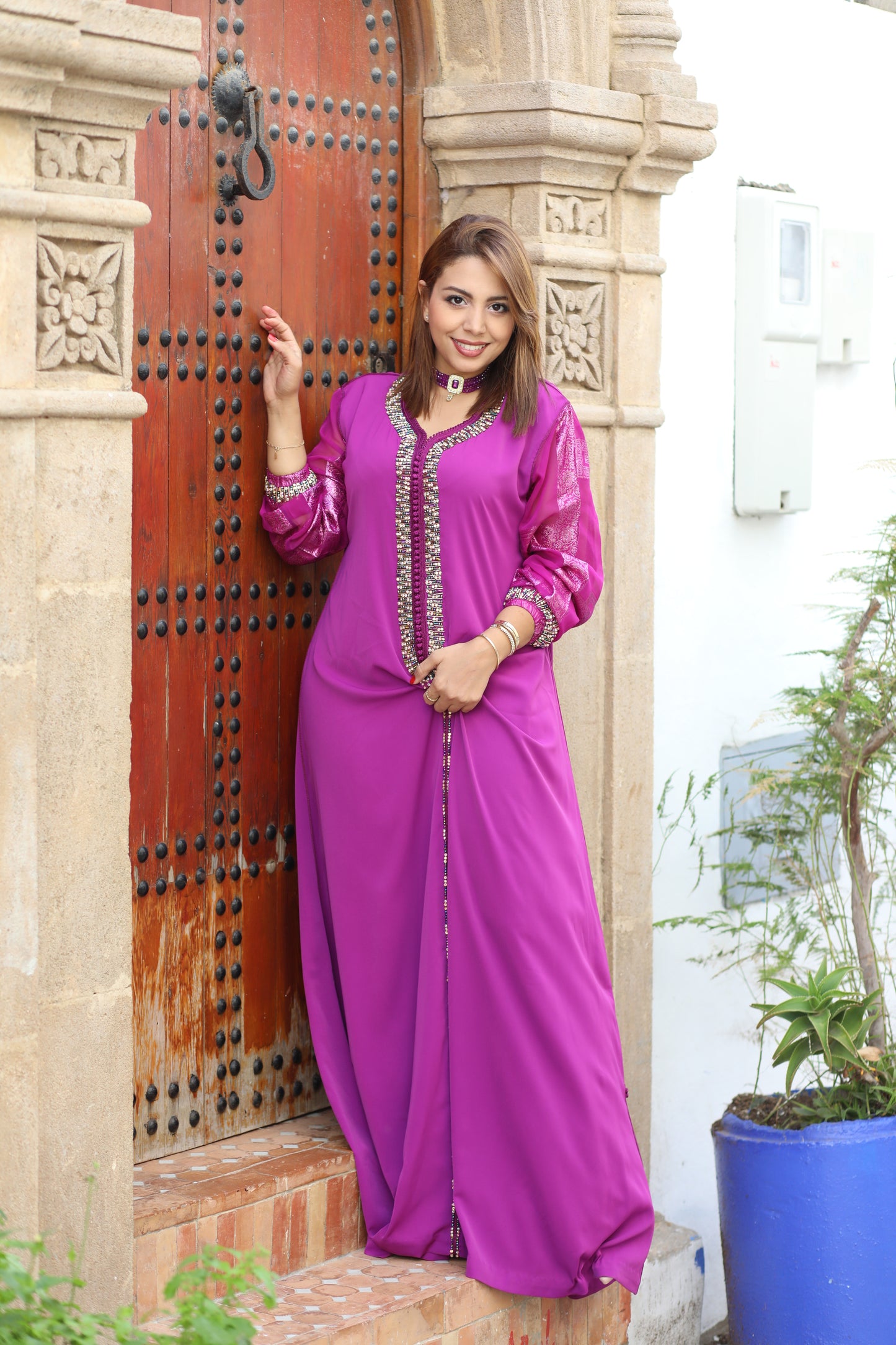 Caftan rose manches Tlija
