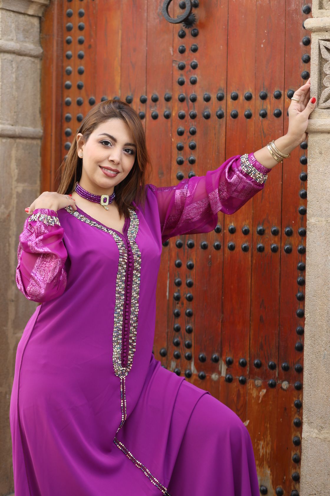 Caftan rose manches Tlija