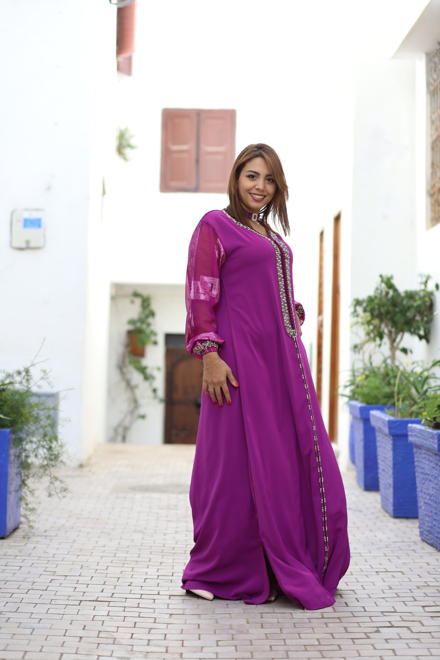 Caftan rose manches Tlija