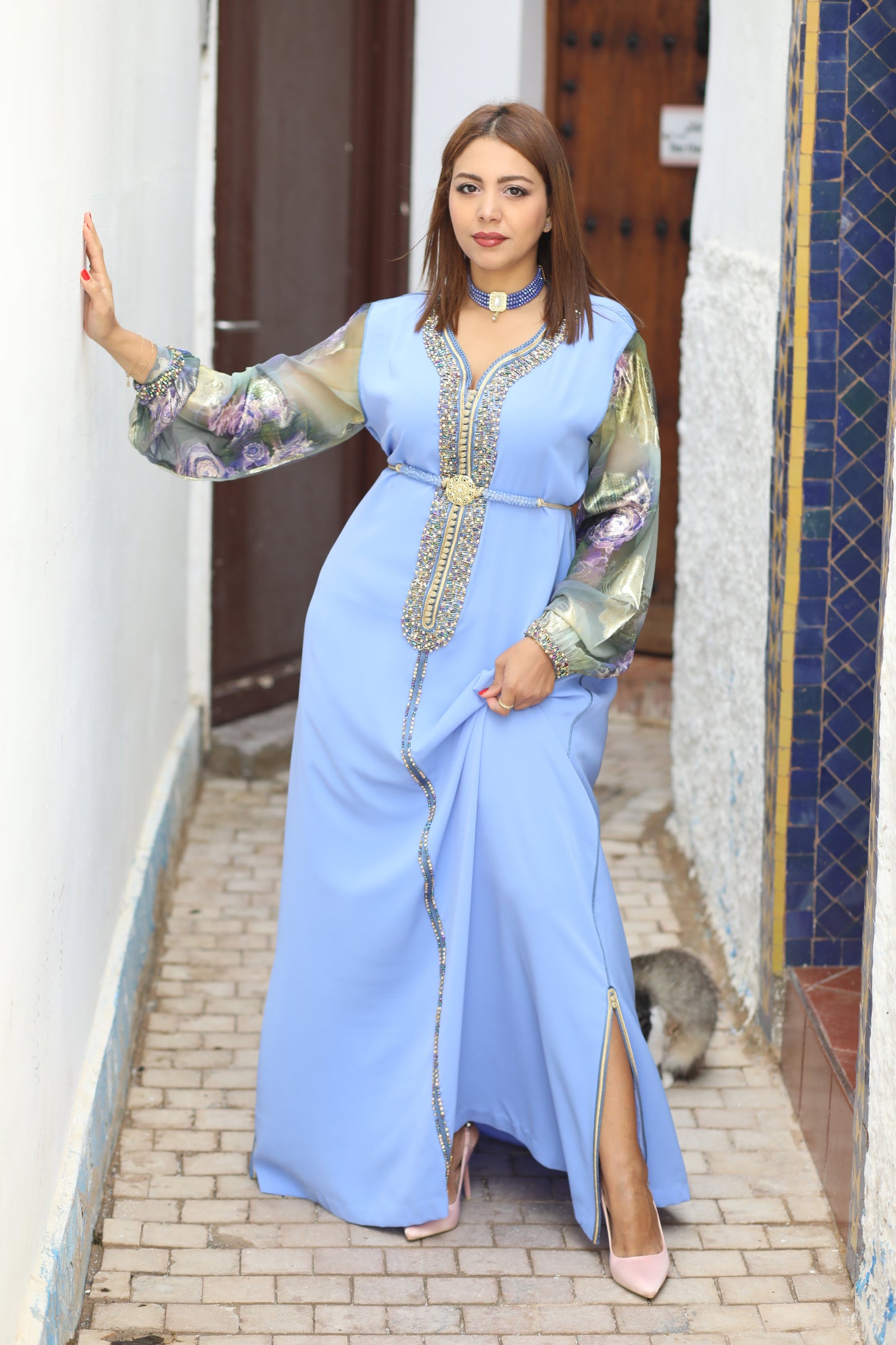Caftan bleu clair manches tlija - Main Image