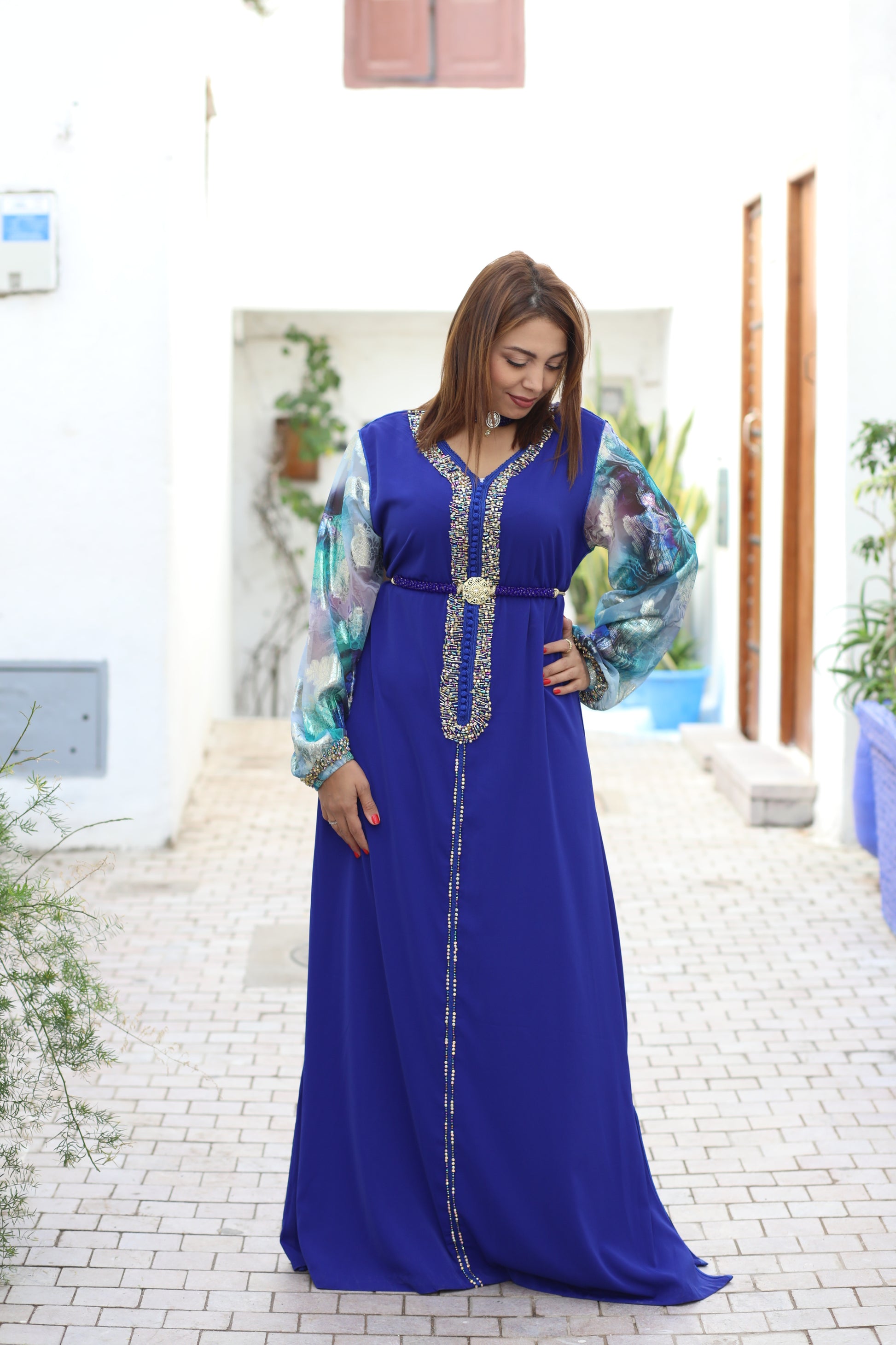 Dark blue caftan with tlija sleeves Dark blue caftan with tlija sleeves