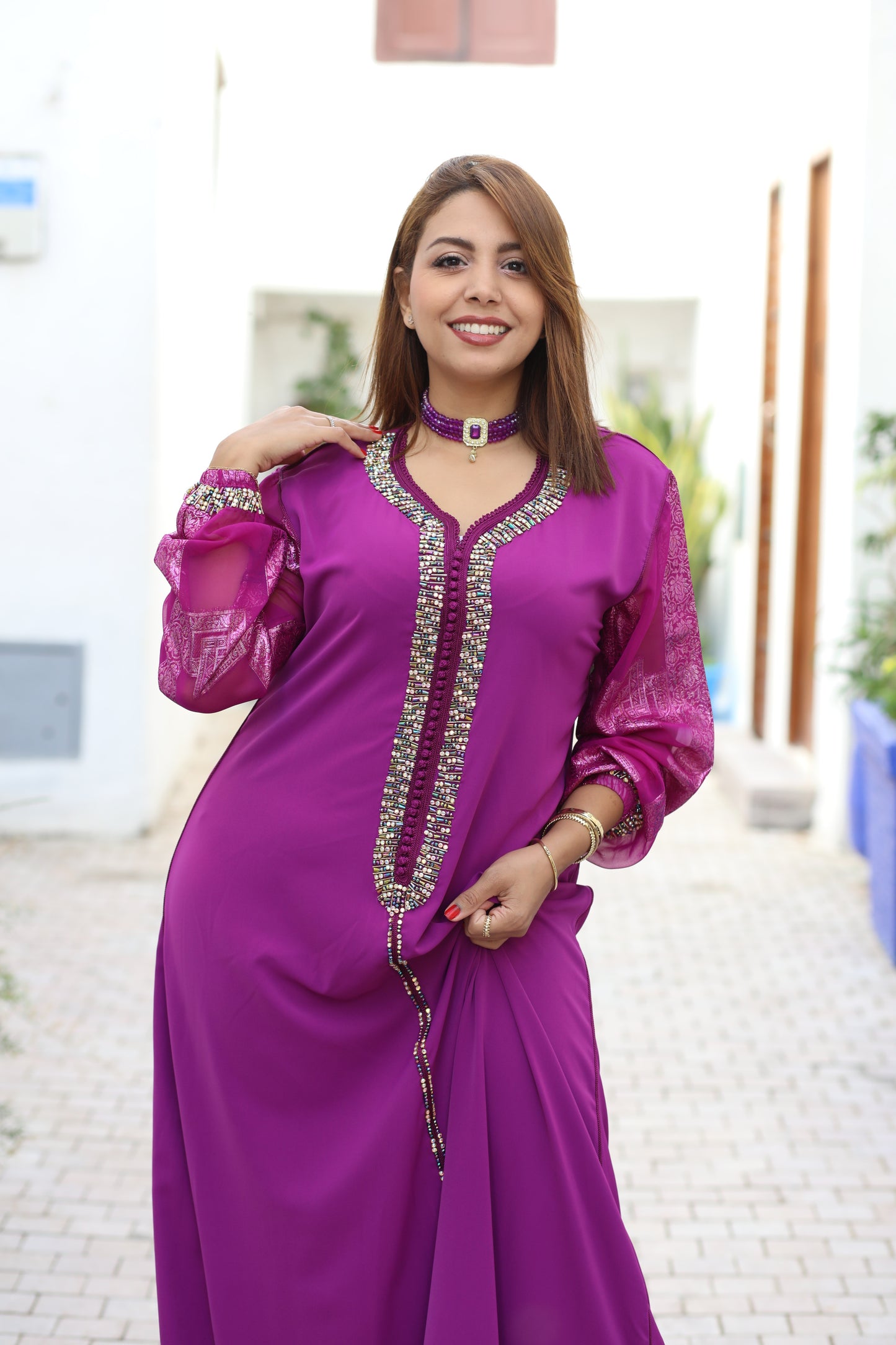 Caftan rose manches Tlija