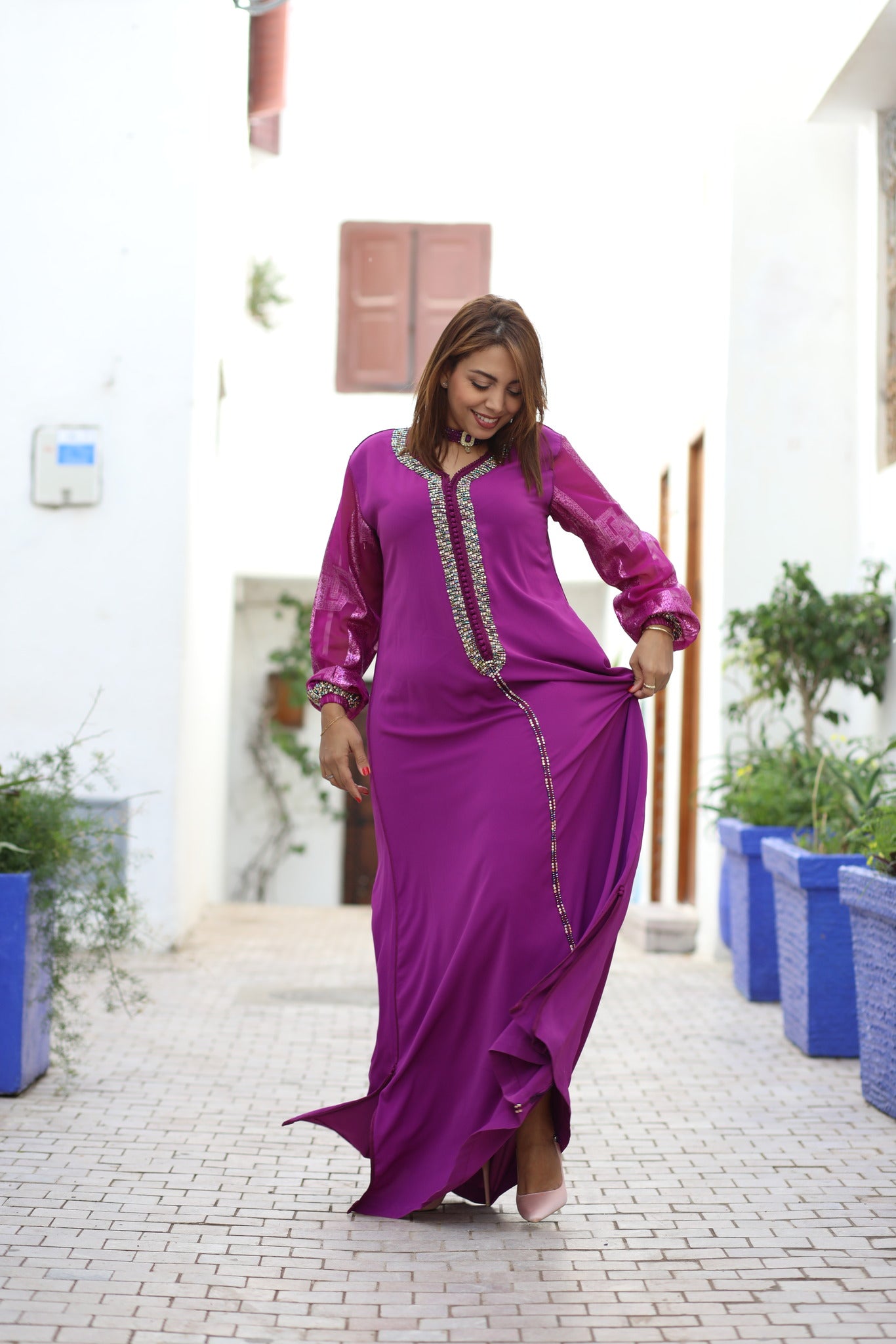 Caftan rose manches Tlija